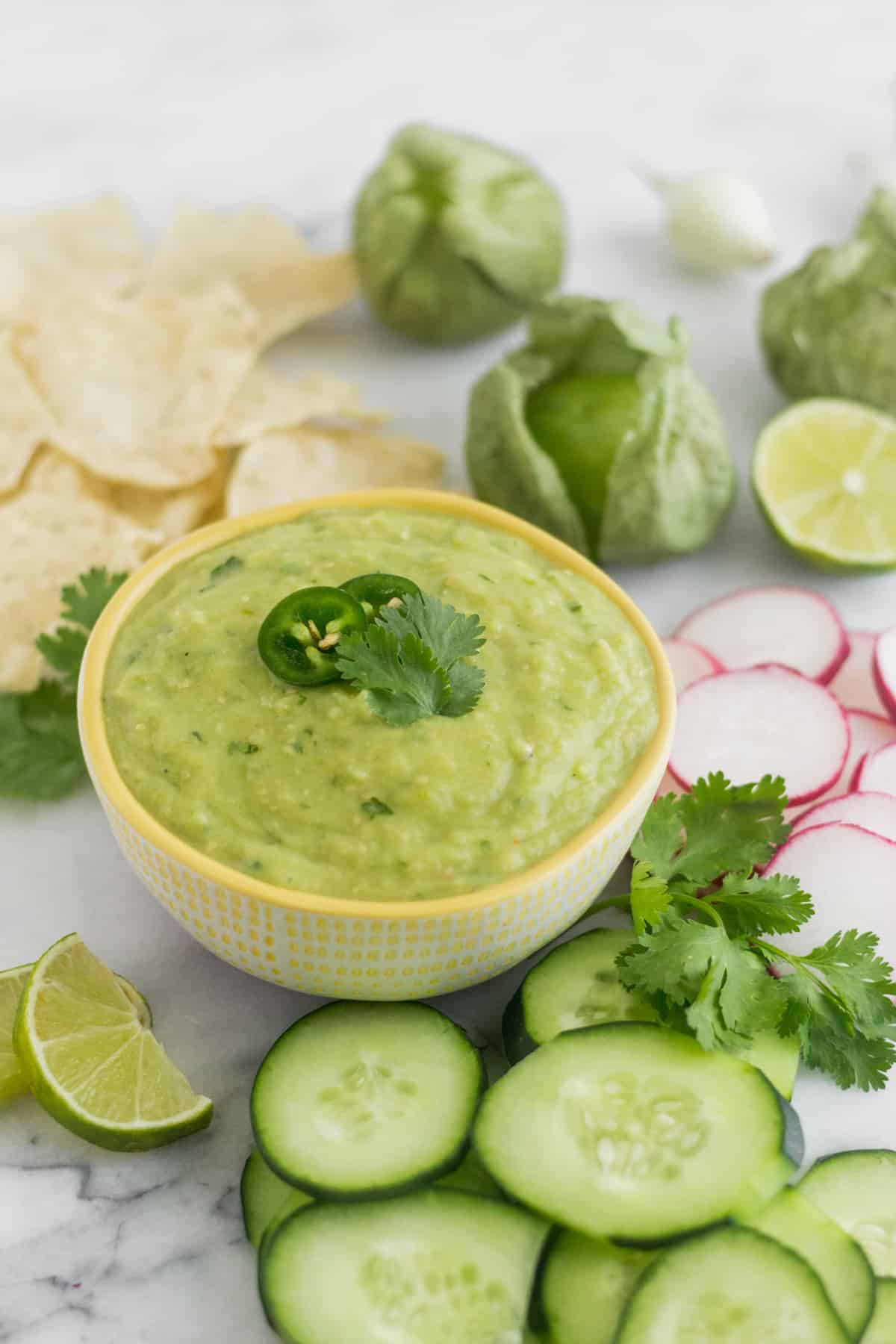 Bowl of Roasted Tomatillo Avocado Salsa surrounded by veggies, chips, and tomatillos