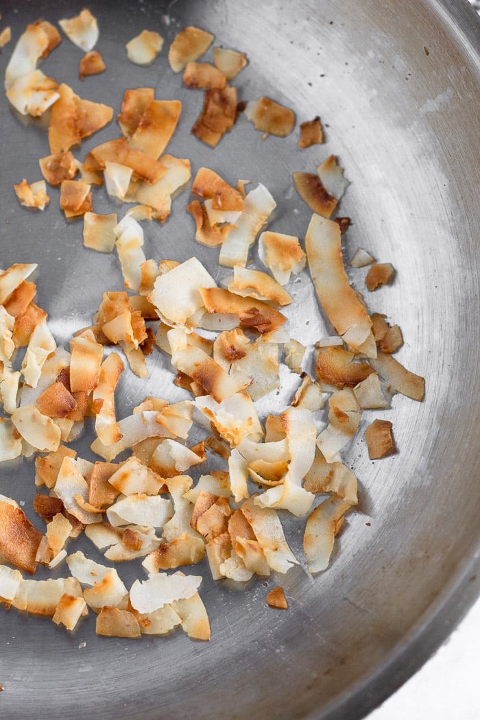 Pan of toasted coconut flakes.
