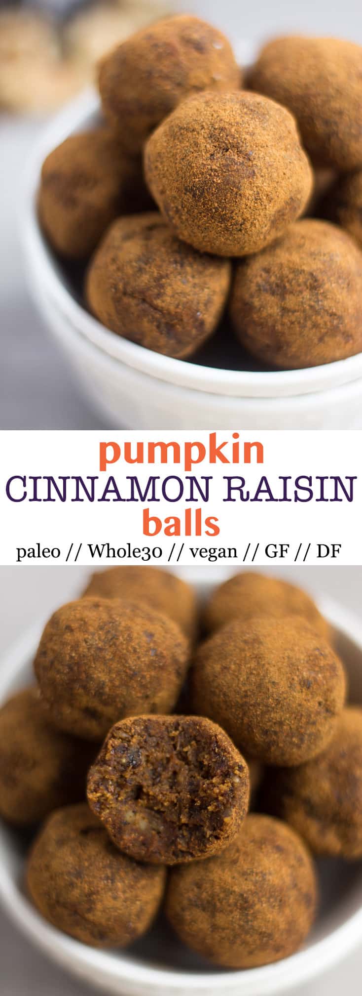 Classic fall flavors make their way into these Pumpkin Cinnamon Raisin Balls for the perfect snack or energy ball pick-me-up. Vegan, paleo, and Whole30 approved! - Eat the Gains