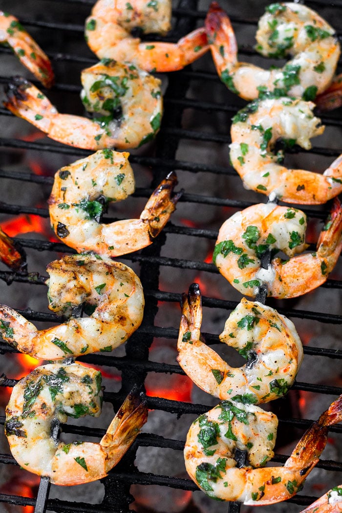 Grilled shrimp skewers on the grill.