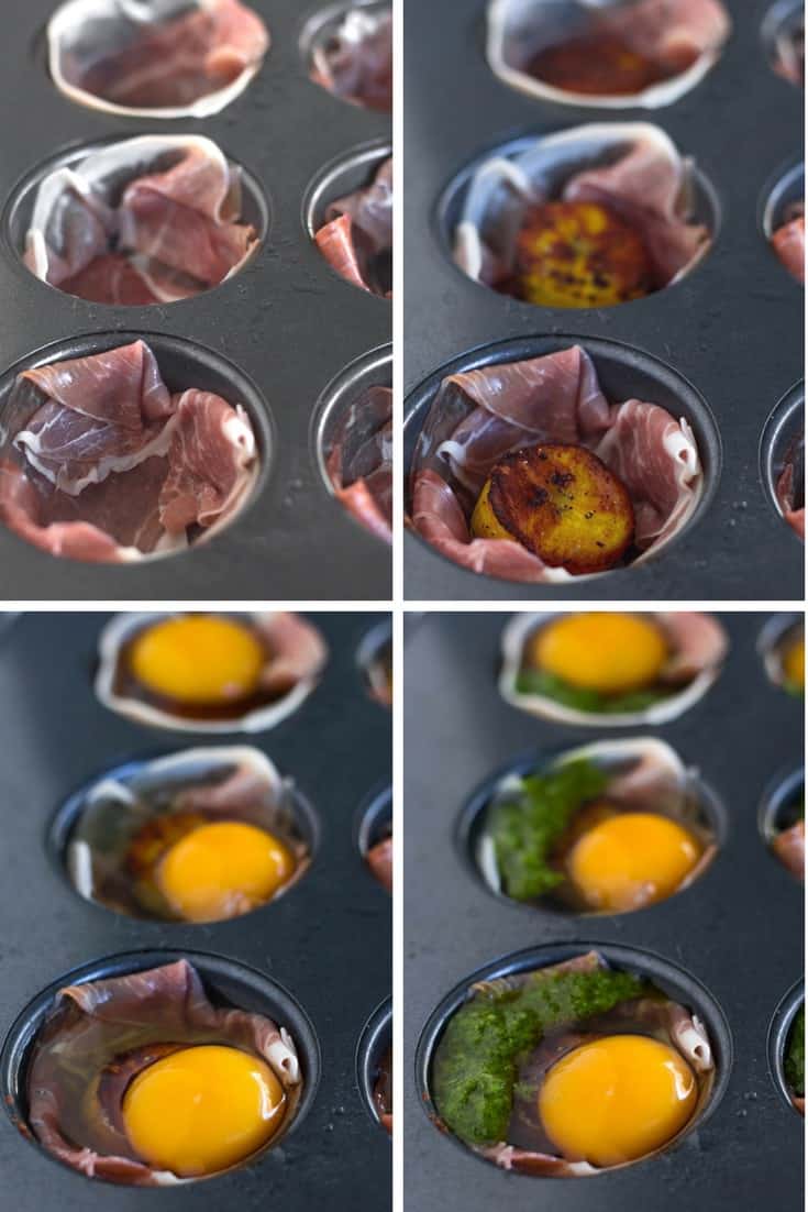 4 pictures of making the prosciutto egg cups - adding the prosciutto, adding the plantains, adding the eggs, and adding the chimichurri