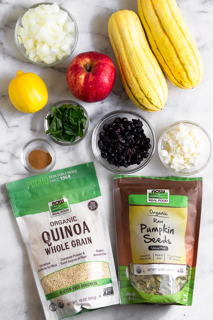 Overhead shot of 2 delicata squash. bowl of goat cheese, bag of pumpkin seeds, bag of quinoa, bowl of dried cranberries, bowl of cinnamon, bowl of parsley, a lemon, an apple, and a bowl of diced onions.