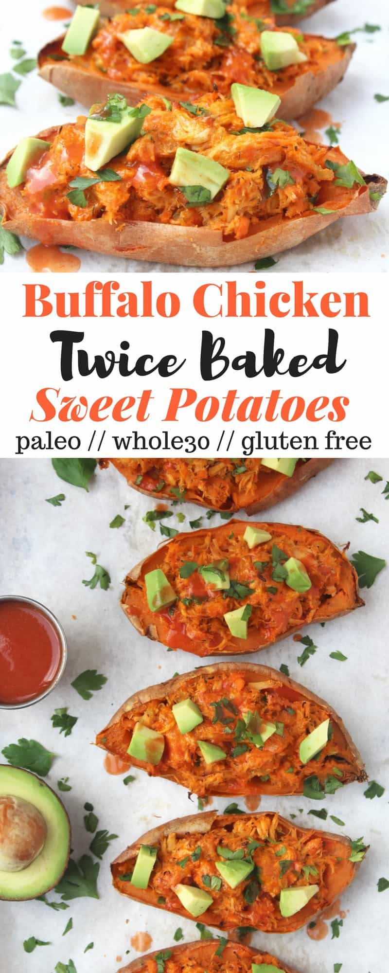 A tasty appetizer, hearty dinner, or perfect game day snack, these Buffalo Chicken Twice Baked Sweet Potatoes dairy free, paleo, & Whole30 approved - Eat the Gains
