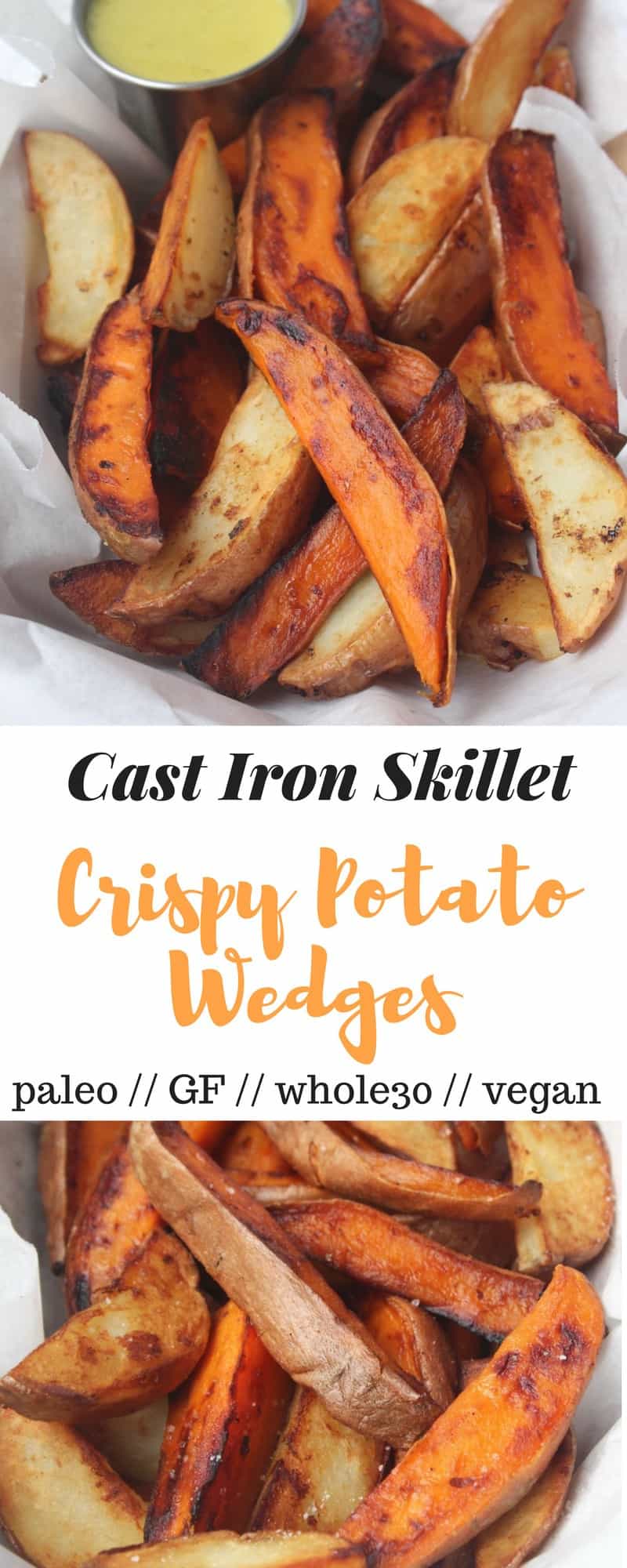 Crispy, golden brown Potato Wedges made in your cast iron skillet, these fries make the perfect healthy side dish, appetizer, or game day snack! Whole30, paleo, and vegan!