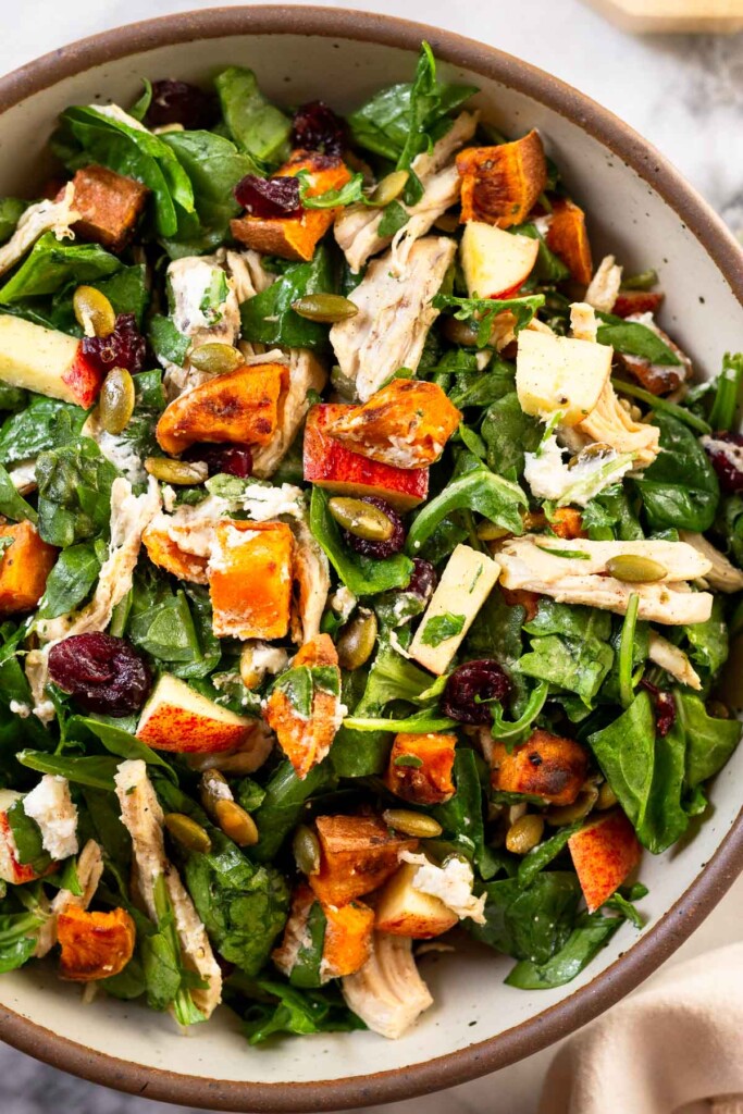 Close up of a fall harvest salad with mixed greens, shredded chicken, sweet potatoes, apples, dried cranberries, pumpkin seeds, and goat cheese in a white bowl.