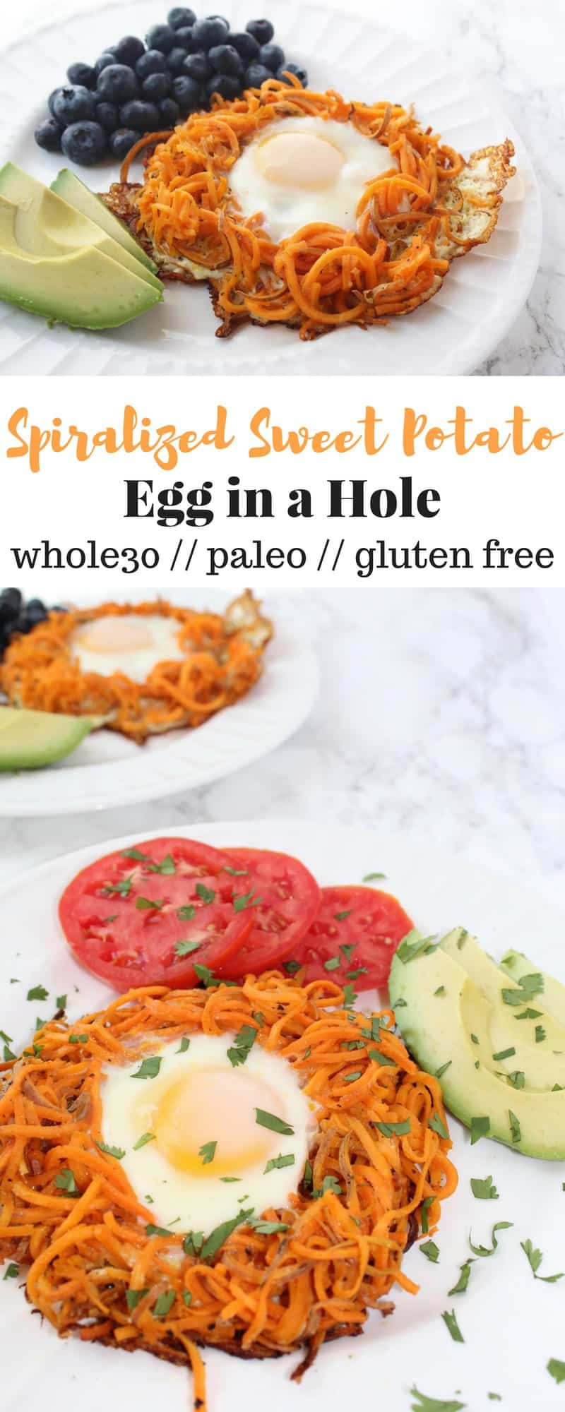 See ya later bread and hello sweet potatoes. This Sweet Potato Egg in a Hole uses spiralized sweet potatoes as a nest to hold your eggs, making breakfast gluten free, paleo, nutritious, and fun! Vegetarian, paleo, and Whole 30 - Eat the Gains