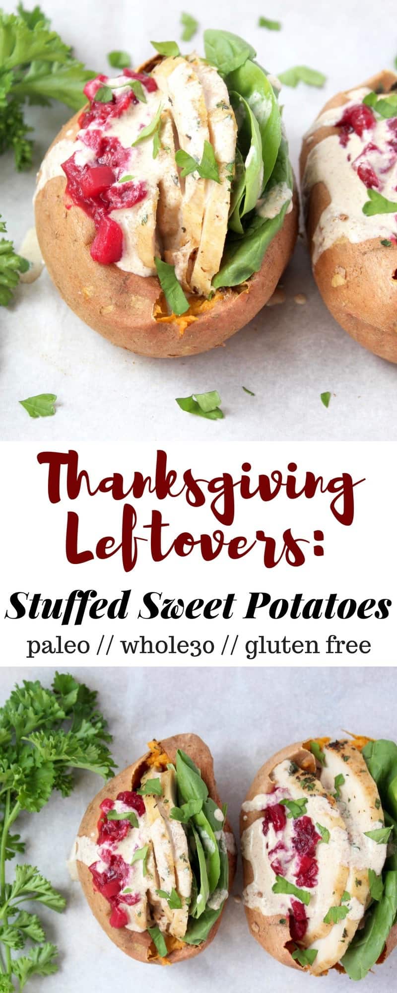 Grab your Thanksgiving leftovers staples & stuff them into a baked sweet potato! Customizable to make it your own, from paleo, Whole30, and gluten free! - Eat the Gains