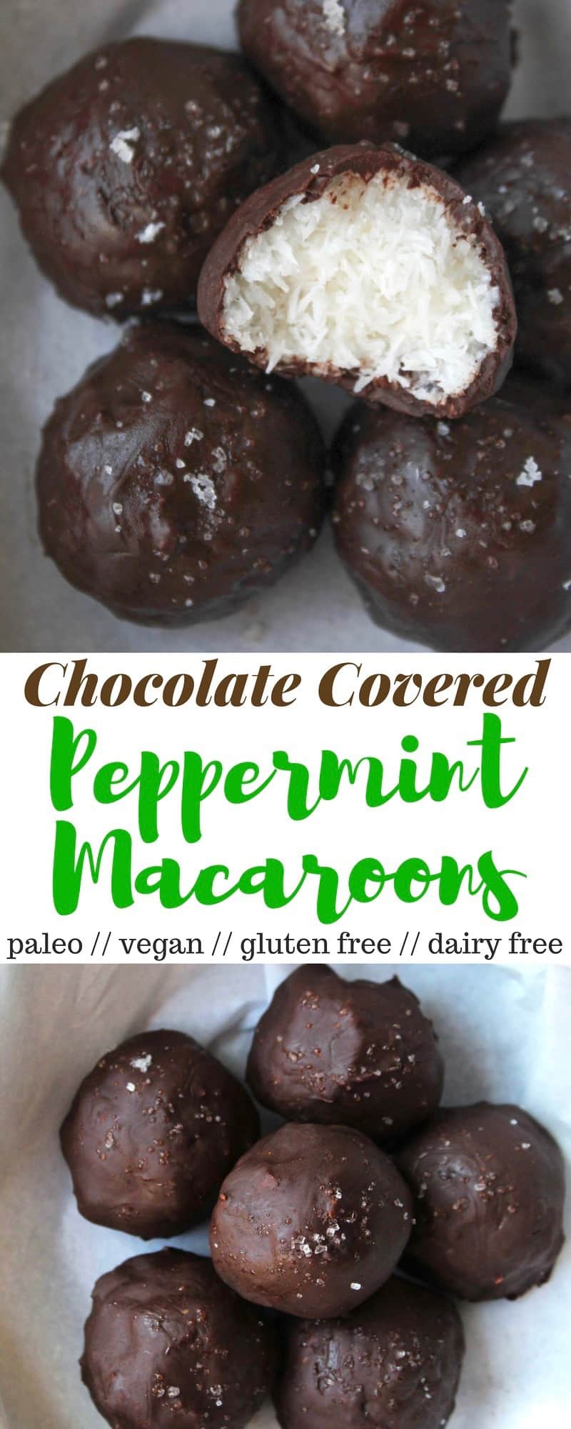 Chocolate Covered Peppermint Macaroons made from only 4 healthy ingredients that taste like a homemade peppermint patty. Vegan, paleo, gluten and dairy free!