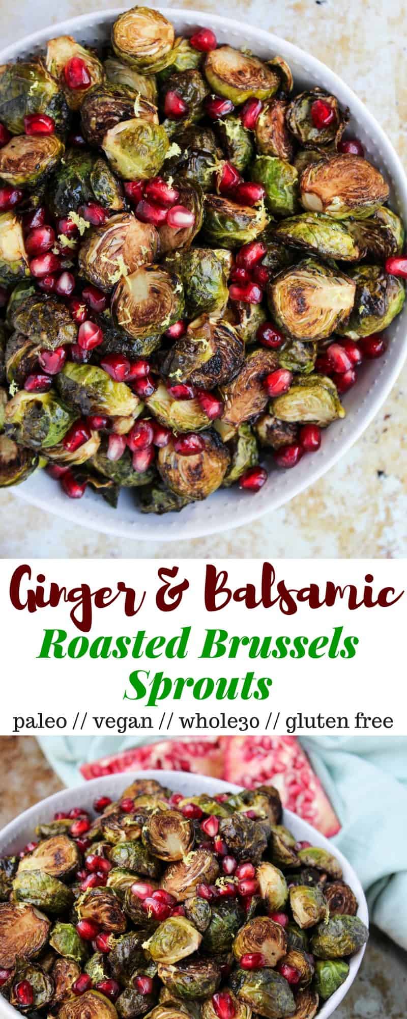 These Ginger & Balsamic Roasted Brussels Sprouts with Pomegranates are an easy & healthy side dish that are just as festive as the holiday season - Eat the Gains