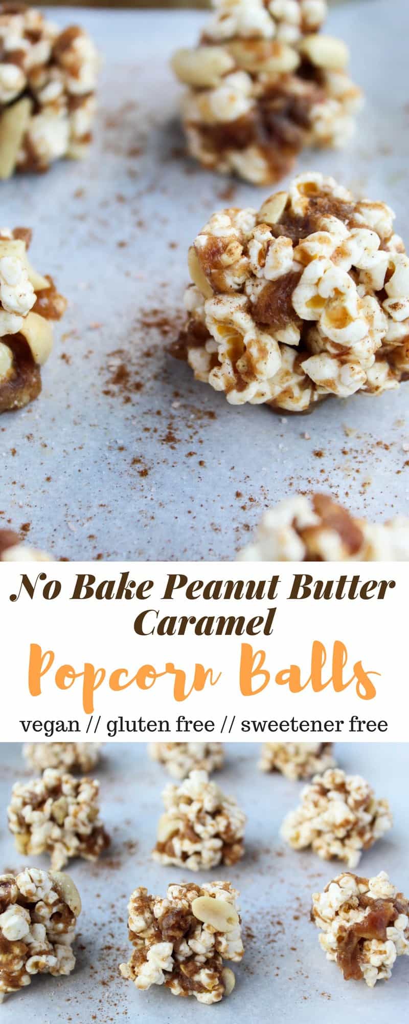 No bake and 30 minutes to make, these Peanut Butter Caramel Popcorn Balls are the perfect holiday snack. No added sweetener, vegan, and gluten free! - Eat the Gains