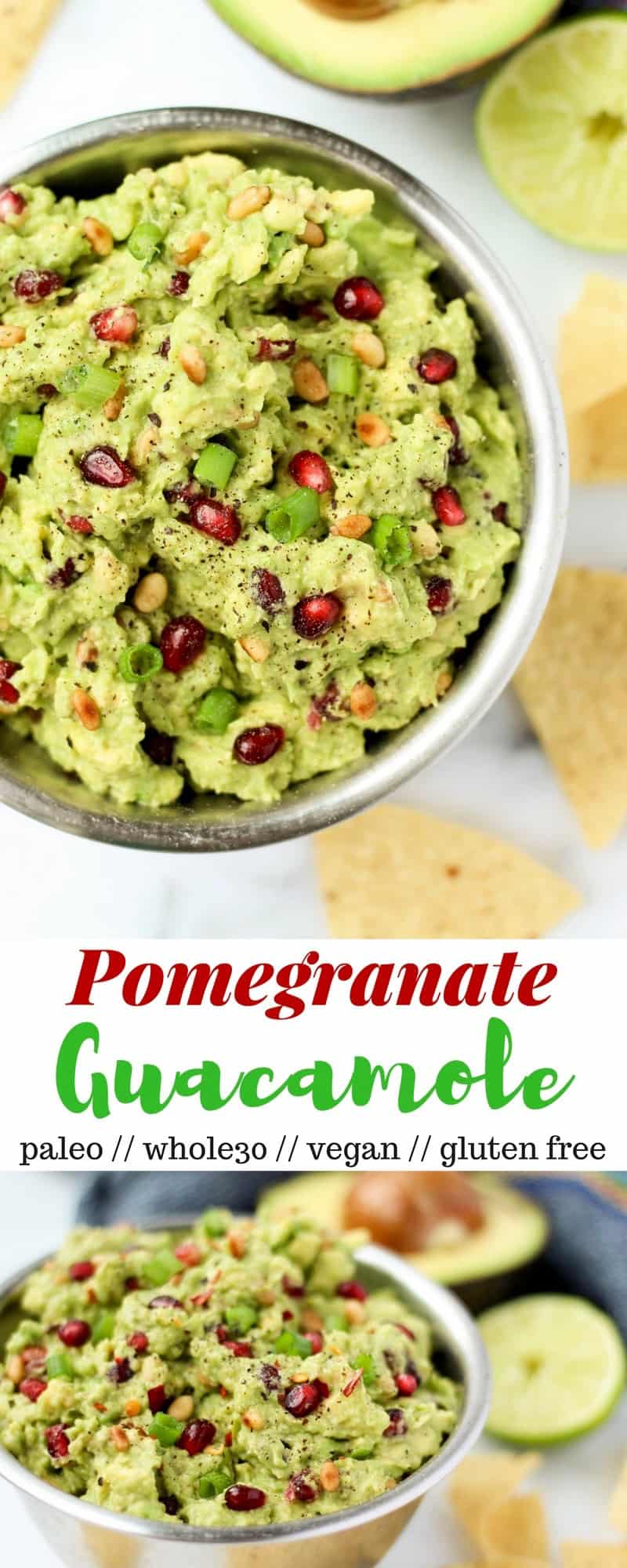 An easy and festive appetizer, this Pomegranate Guacamole comes together in 5 minutes and is vegan, paleo, dairy and gluten free, and Whole30 compliant - Eat the Gains