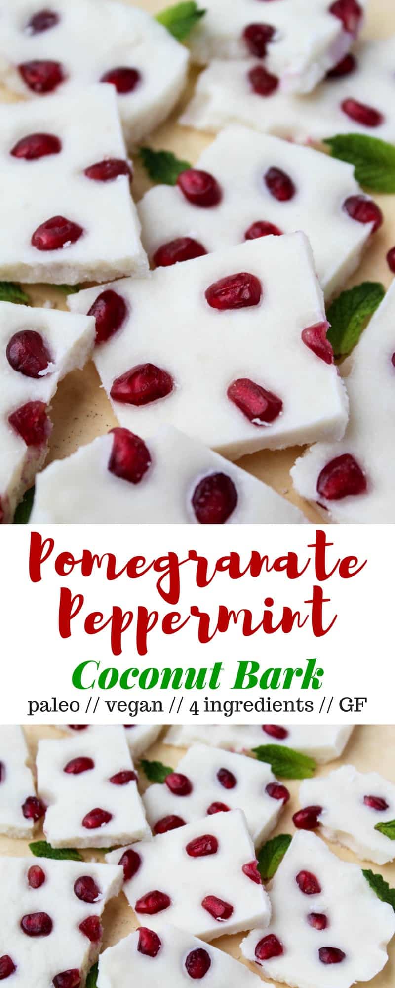 Four ingredients make this paleo & vegan Pomegranate Peppermint Coconut Bark, a perfect healthy treat for the holidays or a great homemade gift to give - Eat the Gains