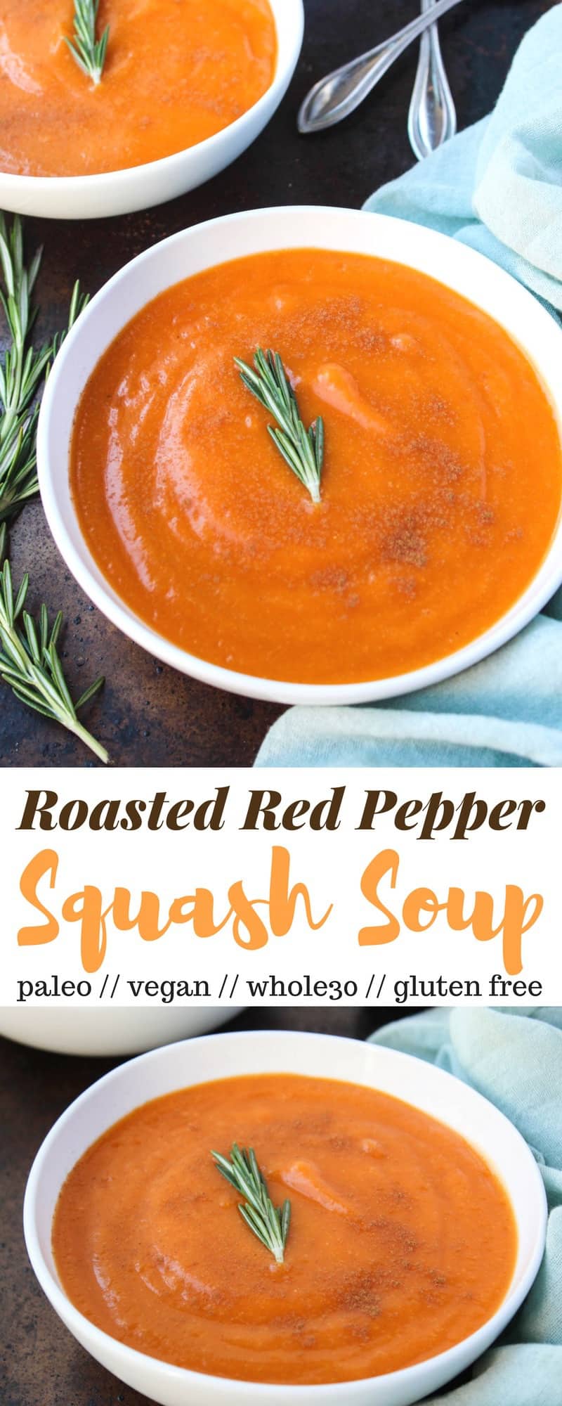An easy, creamy veggie based soup, this Roasted Red Pepper & Squash Soup is perfect for chilly nights. A few ingredients make it vegan, paleo, dairy free, and Whole30 compliant - Eat the Gains