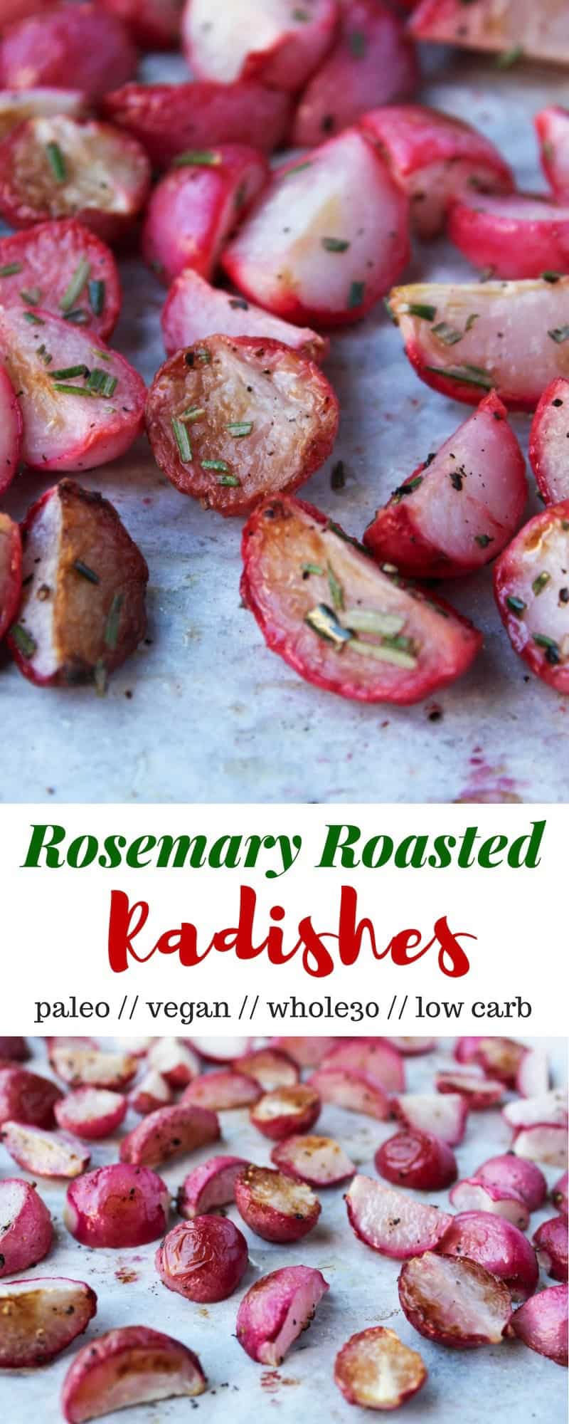 An easy and low carb alternative to potatoes, these Rosemary Roasted Radishes are a perfect paleo, vegan, and Whole30 approved side dish - Eat the Gains
