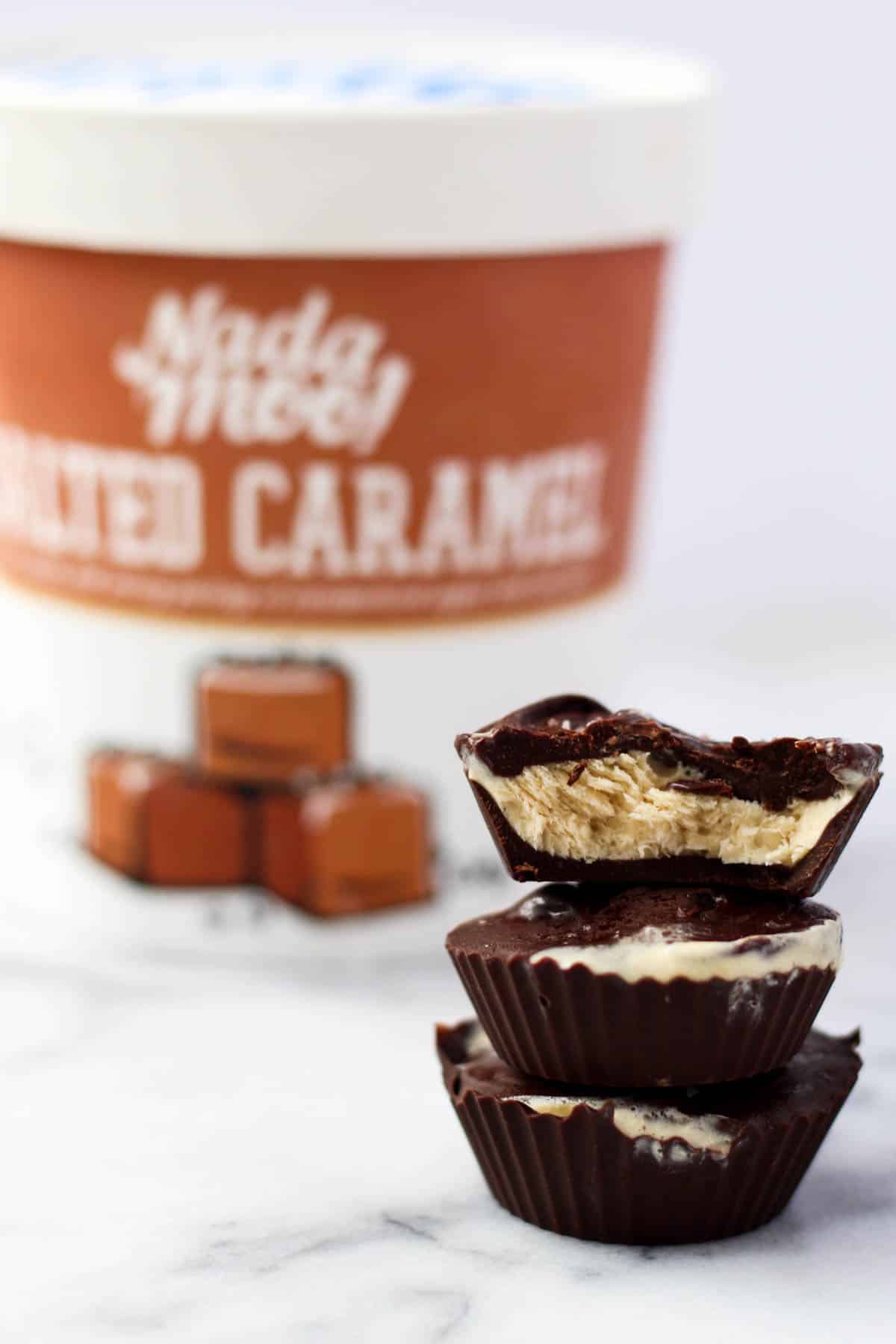 These two ingredient Vegan Salted Caramel Ice Cream Cups make an easy, dairy free, and gluten free frozen dessert perfect for entertaining or a sweet treat - Eat the Gains