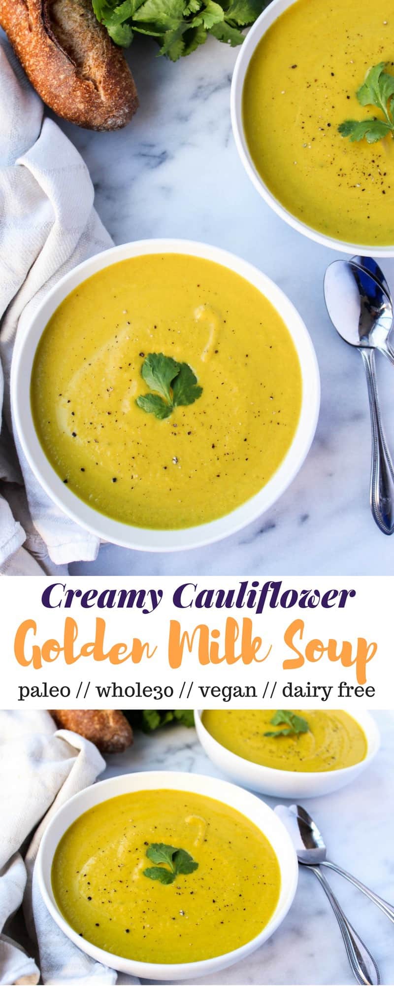 5 ingredients and 30 minutes to make this Creamy Cauliflower Golden Milk Soup, a light and satisfying nutritional meal that is vegan, paleo, and Whole30 approved! - Eat the Gains