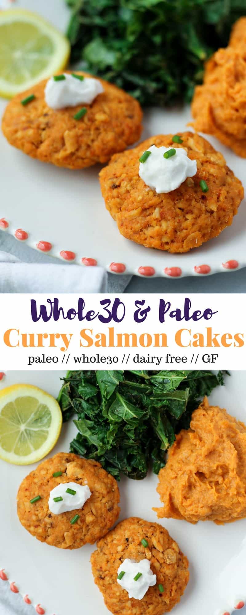 These Curry Salmon Cakes come together in 15 minutes and make the prefect quick & healthy meal or meal prep dish, and are paleo and Whole30 approved - Eat the Gains