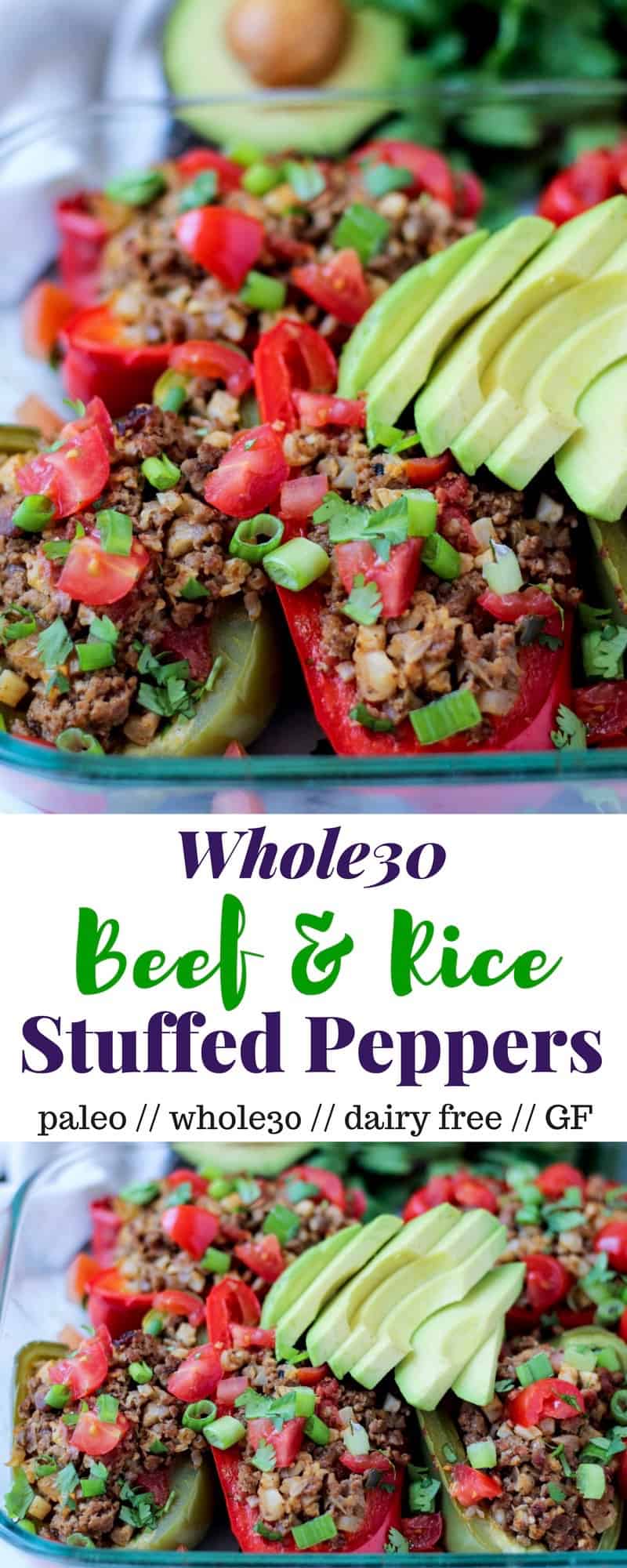 These Beef & Rice Stuffed Peppers are stuffed with cauliflower rice and Mexican spices for an easy paleo and Whole30 approved dish - Eat the Gains