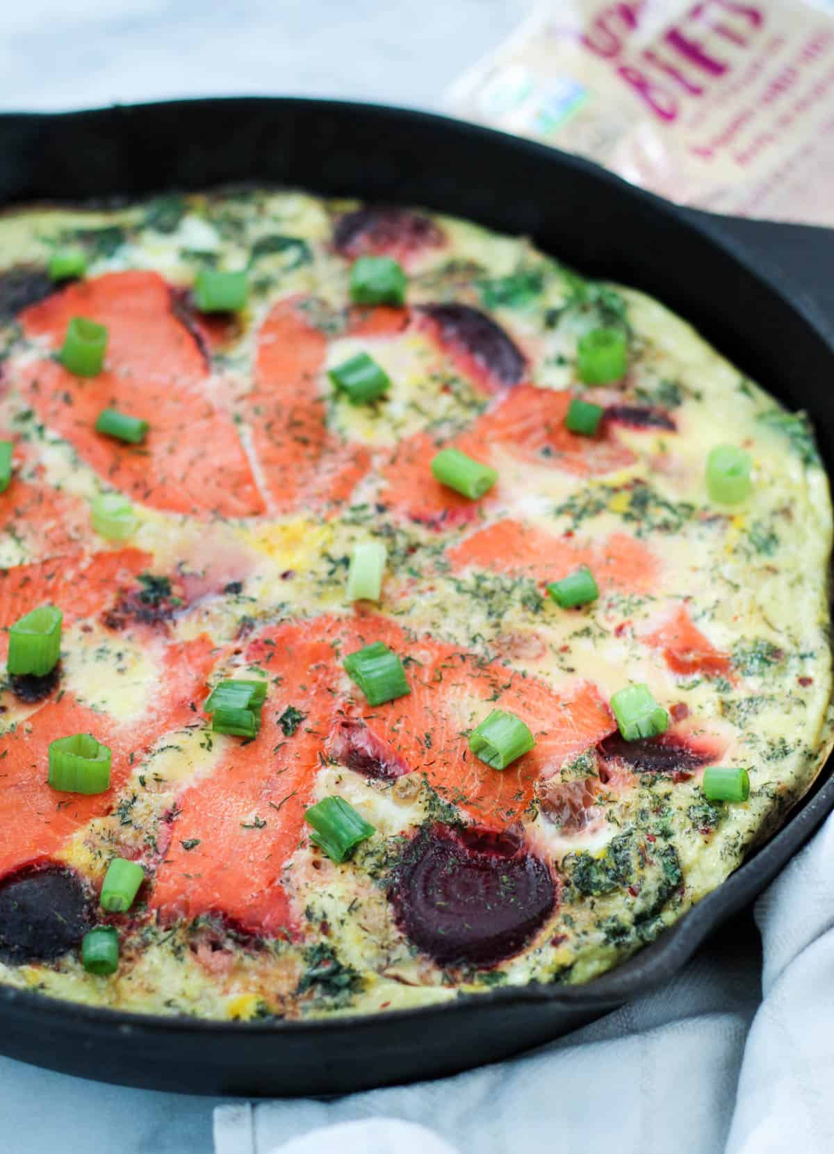 An easy and nutrient packed breakfast, this Beet & Smoked Salmon Frittata calls for one pan, less than 30 minutes, and is paleo, Whole30, and dairy free! - Eat the Gains