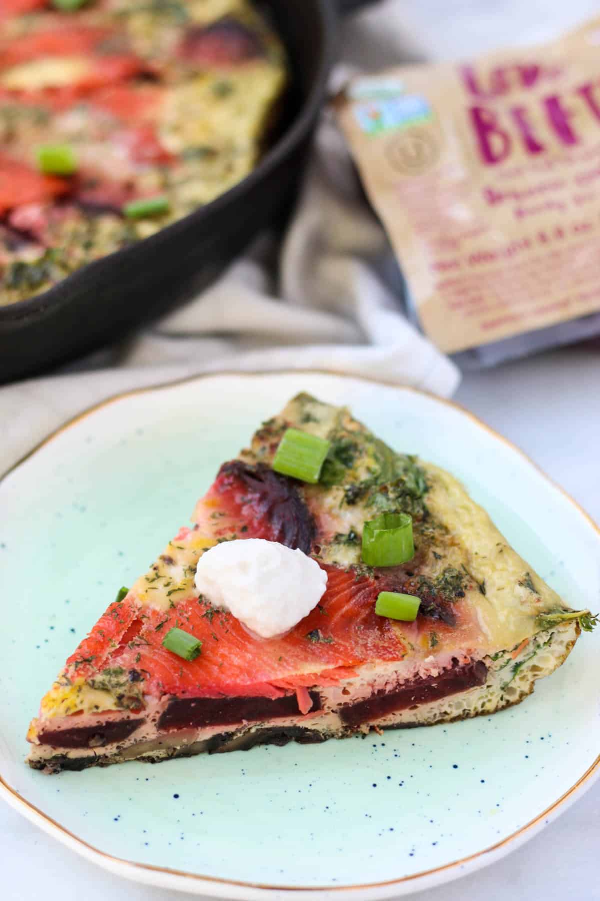 An easy and nutrient packed breakfast, this Beet & Smoked Salmon Frittata calls for one pan, less than 30 minutes, and is paleo, Whole30, and dairy free! - Eat the Gains