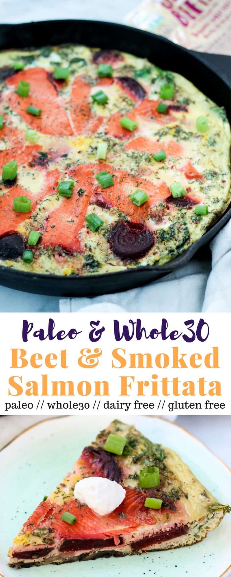 An easy and nutrient packed breakfast, this Beet & Smoked Salmon Frittata calls for one pan, less than 30 minutes, and is paleo, Whole30, and dairy free! - Eat the Gains