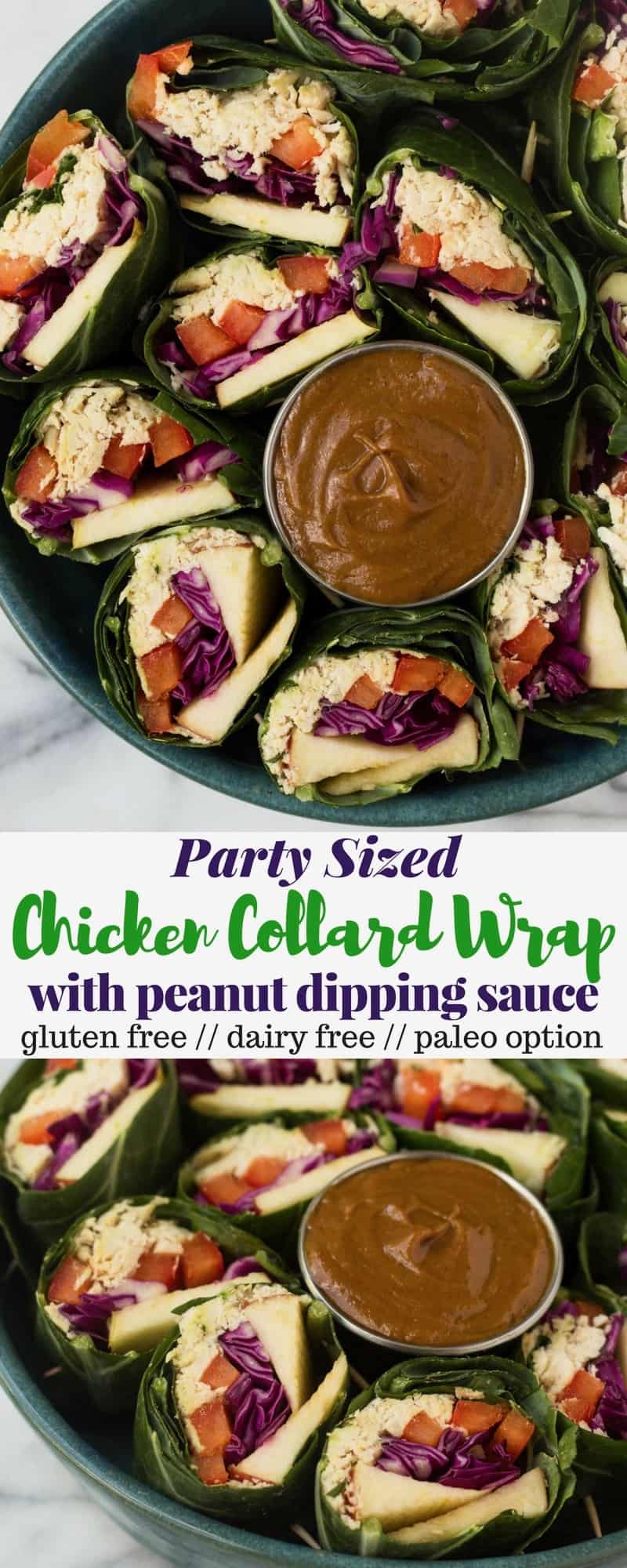 A fun and healthy red, white, & blue veggie packed dish, these Party Sized Chicken Collard Wraps with Peanut Sauce make the perfect appetizer for a BBQ or party! - Eat the Gains