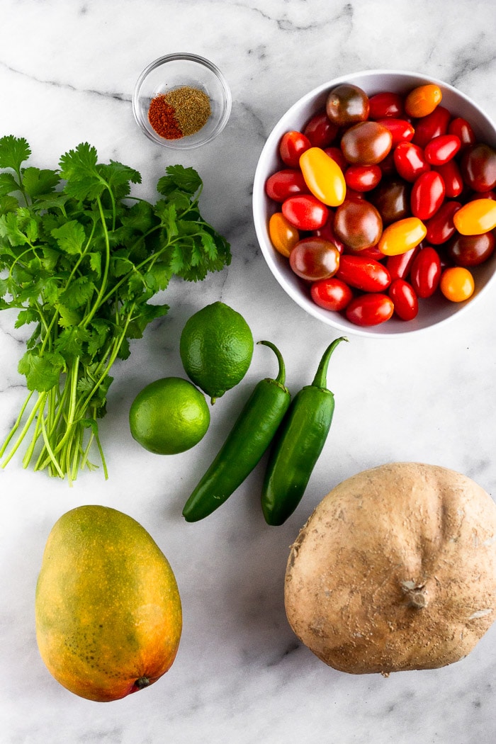 White counter filled with a bowl of cherry tomatoes, jicama, jalapeños, lime juice, mango, cilantro, and spices.