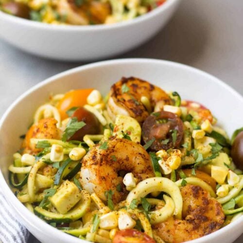 These Southwest Shrimp Zucchini Noodles are an easy and light summer dish packed with protein and seasonal vegetables. - Eat the Gains