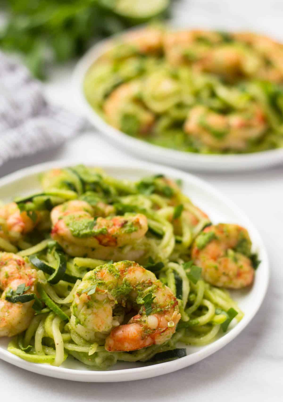 10 minutes + one pan is all you need for these Spicy Chimichurri Shrimp Zucchini Noodles! The easiest paleo, Whole30, and gluten free dinner for summer! - Eat the Gains