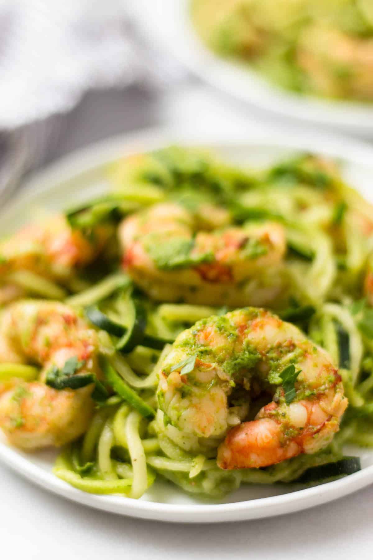 10 minutes + one pan is all you need for these Spicy Chimichurri Shrimp Zucchini Noodles! The easiest paleo, Whole30, and gluten free dinner for summer! - Eat the Gains