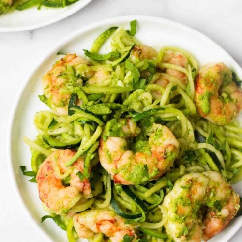10 minutes + one pan is all you need for these Spicy Chimichurri Shrimp Zucchini Noodles! The easiest paleo, Whole30, and gluten free dinner for summer! - Eat the Gains