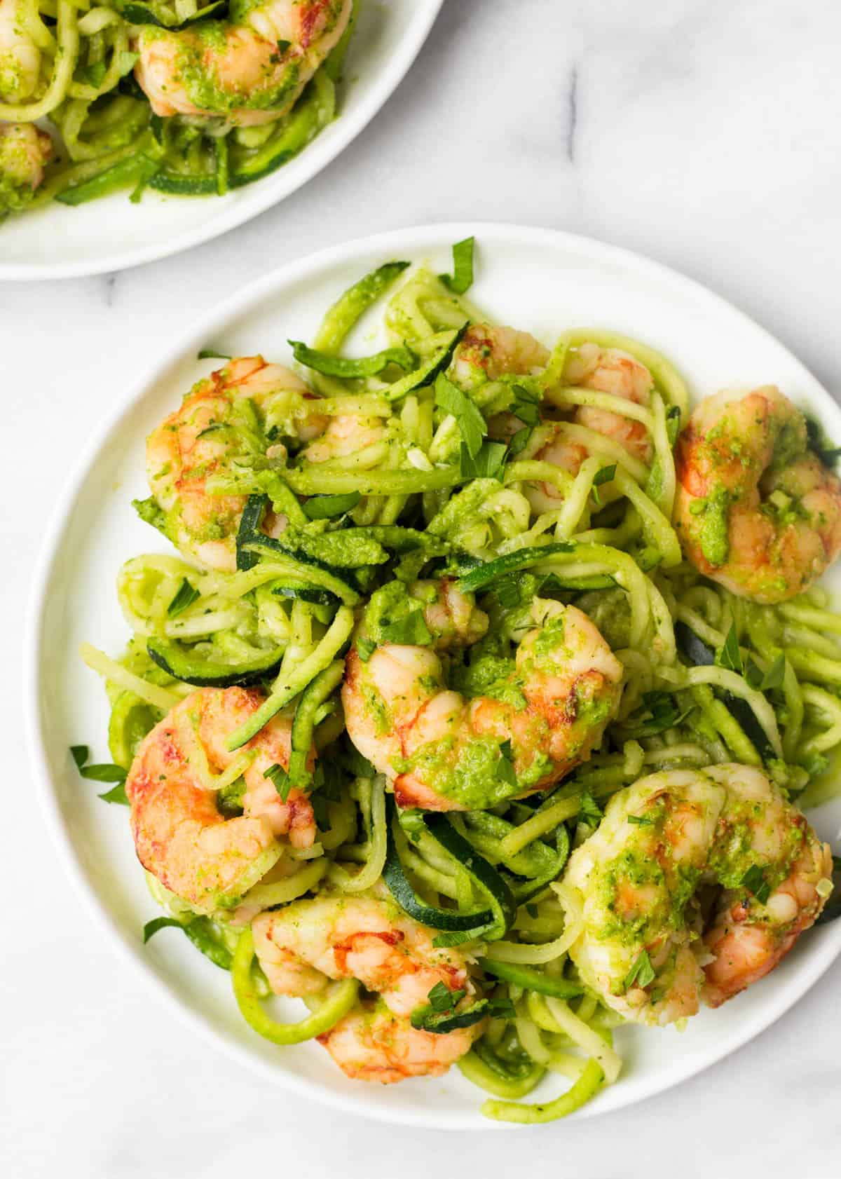 10 minutes + one pan is all you need for these Spicy Chimichurri Shrimp Zucchini Noodles! The easiest paleo, Whole30, and gluten free dinner for summer! - Eat the Gains