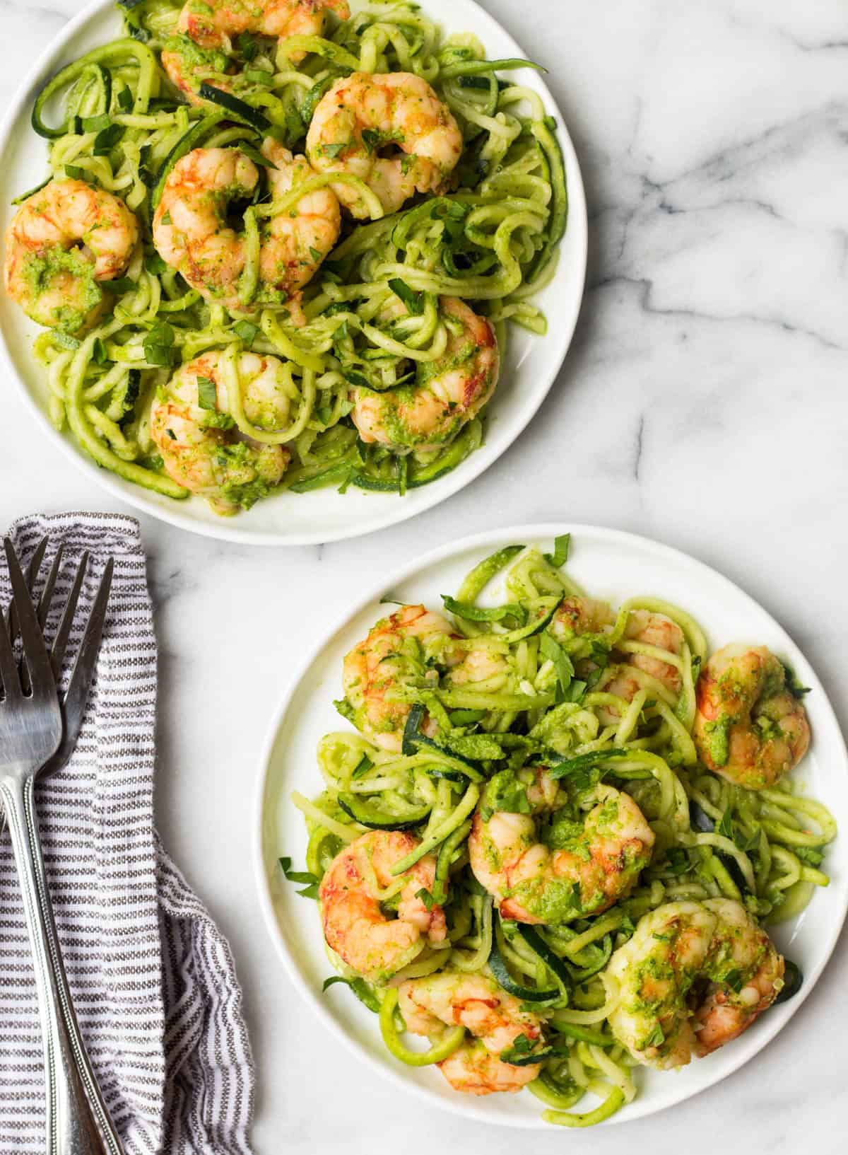 10 minutes + one pan is all you need for these Spicy Chimichurri Shrimp Zucchini Noodles! The easiest paleo, Whole30, and gluten free dinner for summer! - Eat the Gains