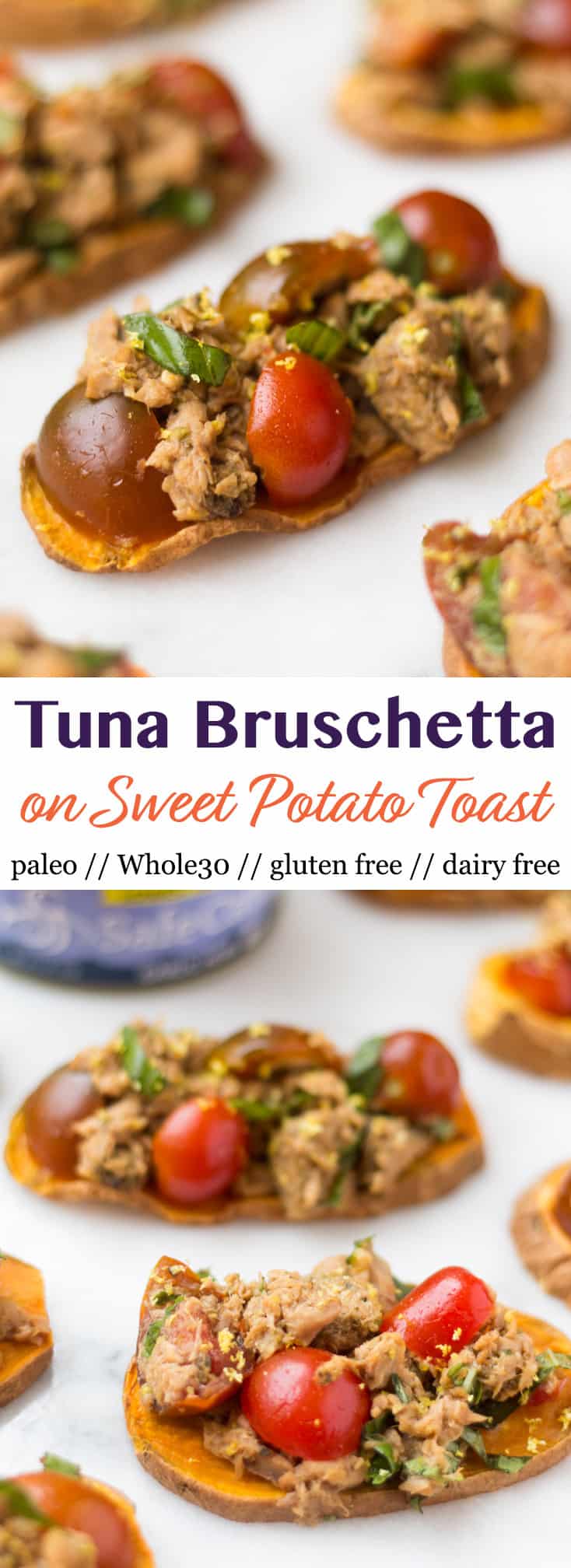 A paleo and Whole30 approved protein packed, this Tuna Bruschetta on Sweet Potato Toast makes easy, healthy, and crowd pleasing appetizer or snack! - Eat the Gains