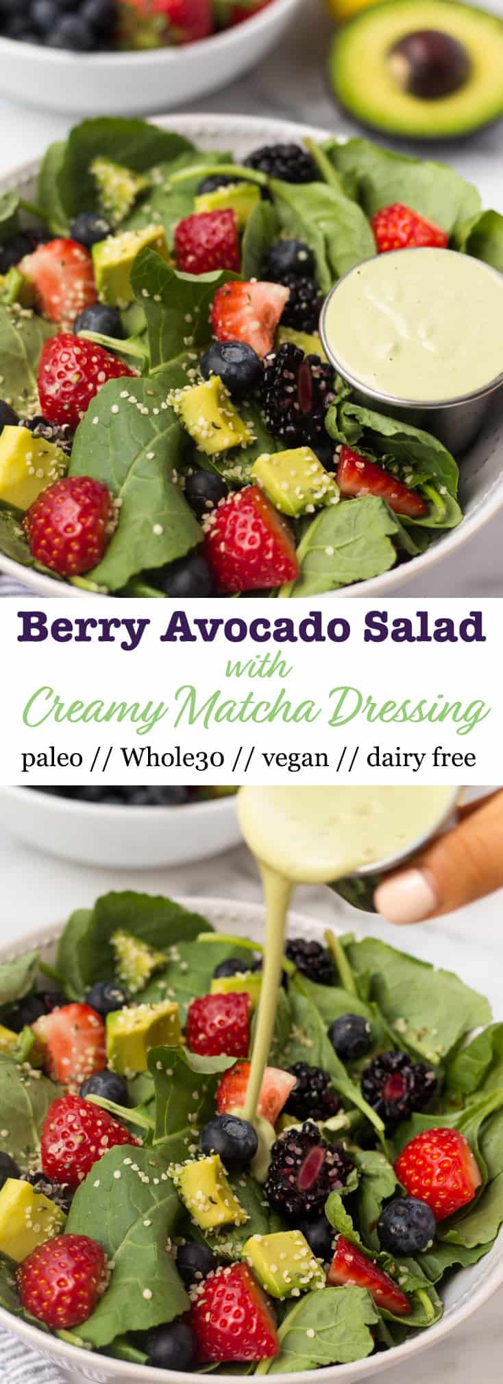 A perfect easy & light end of summer dish, this Berry Avocado Salad with Creamy Matcha Dressing packs the nutrients & is paleo, vegan, dairy free, & Whole30 approved! - Eat the Gains