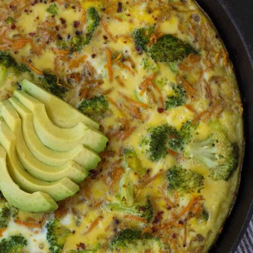 An easy and healthy breakfast, this Sweet Potato Broccoli Frittata packs veggies, carbs, protein, and healthy fats and is paleo and Whole30 approved! - Eat the Gains