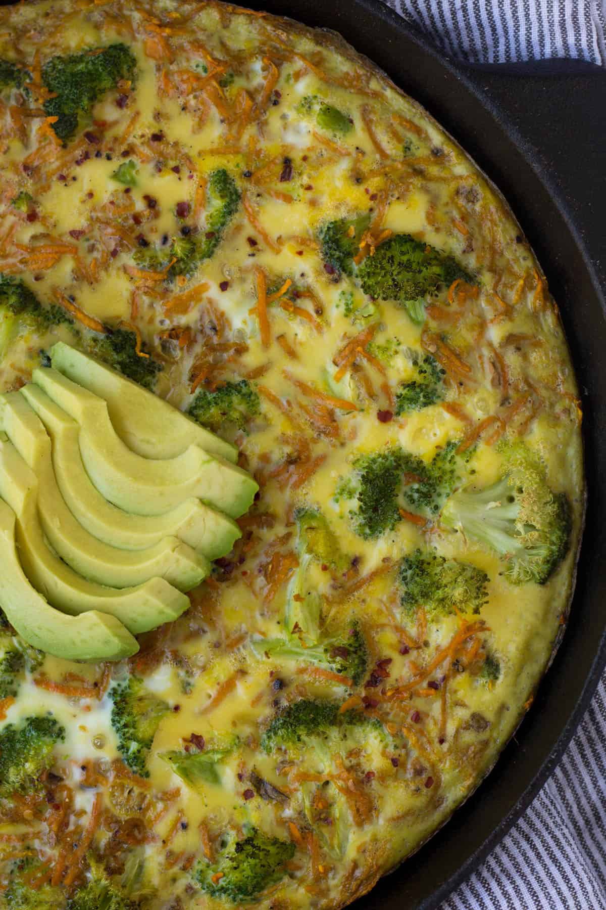 An easy and healthy breakfast, this Sweet Potato Broccoli Frittata packs veggies, carbs, protein, and healthy fats and is paleo and Whole30 approved! - Eat the Gains