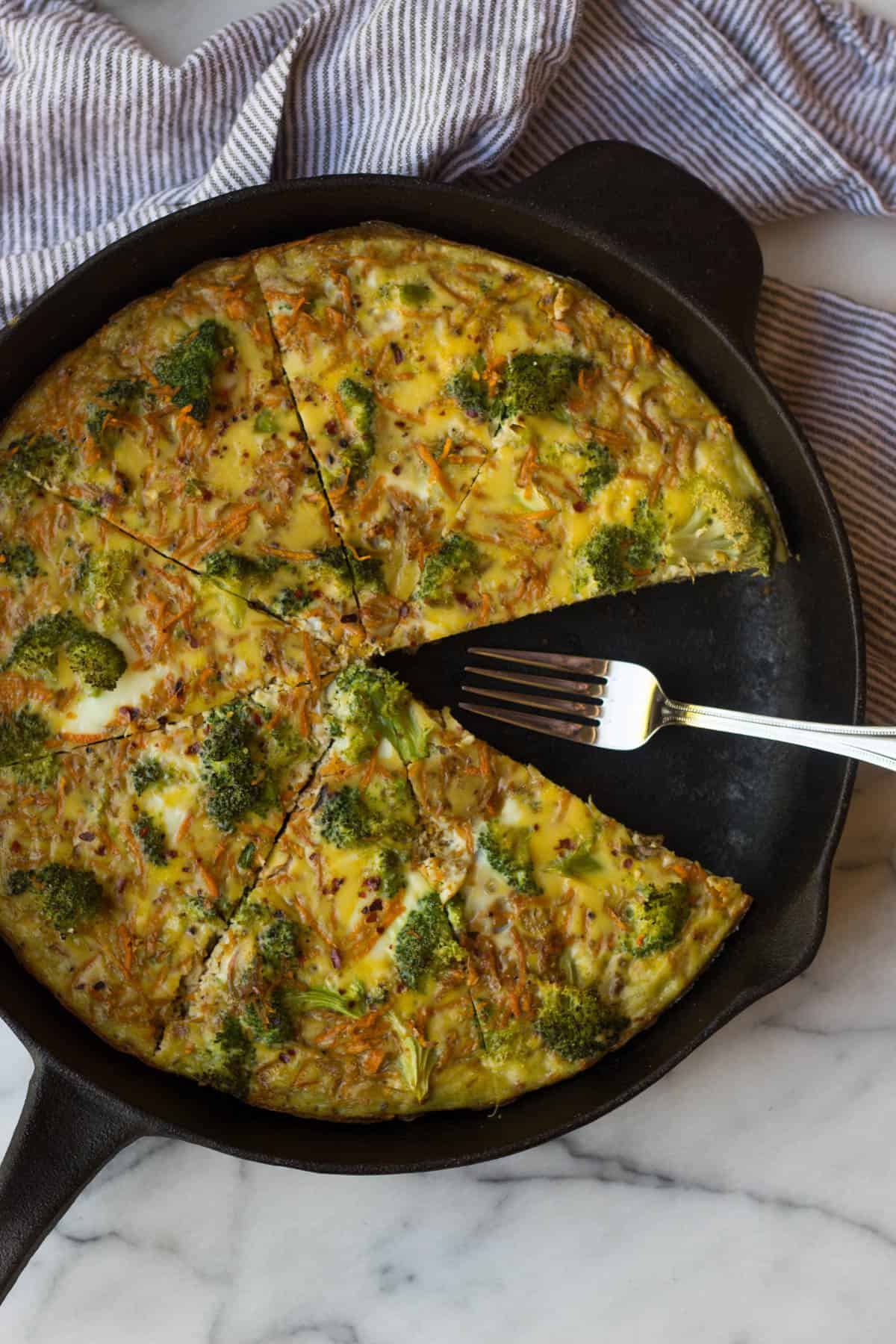An easy and healthy breakfast, this Sweet Potato Broccoli Frittata packs veggies, carbs, protein, and healthy fats and is paleo and Whole30 approved! - Eat the Gains