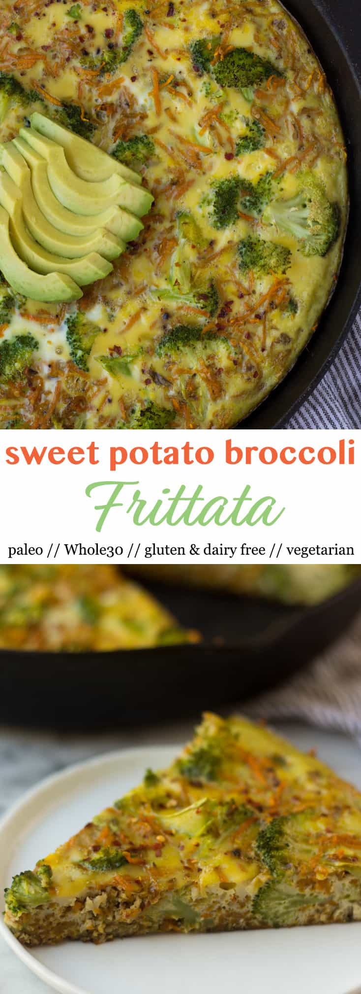 An easy and healthy breakfast, this Sweet Potato Broccoli Frittata packs veggies, carbs, protein, and healthy fats and is paleo and Whole30 approved! - Eat the Gains