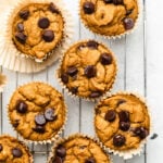 Overhead shot of pumpkin protein muffins on a metal cooling rack.