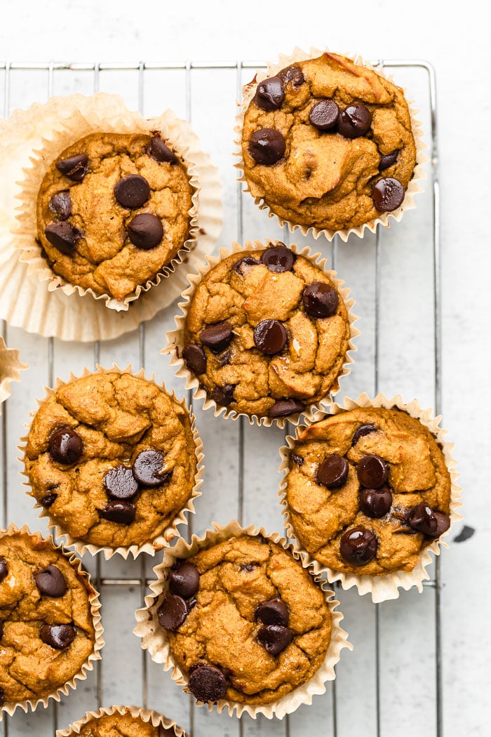 Overhead shot of pumpkin protein muffins on a metal cooling rack.