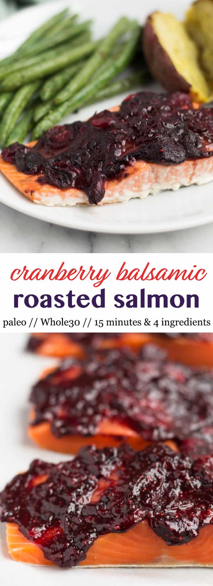 An easy and festive seafood dish, this Cranberry Balsamic Roasted Salmon takes 15 minutes, 4 ingredients, and is a crowd pleaser for the holidays - paleo and Whole30 approved! - Eat the Gains