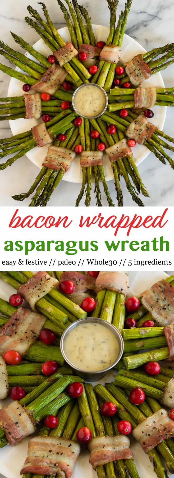 Fun and festive paleo & Whole30 dish with only a few ingredients, a Bacon Wrapped Asparagus Wreath make the perfect appetizer or side at holiday gatherings! - Eat the Gains