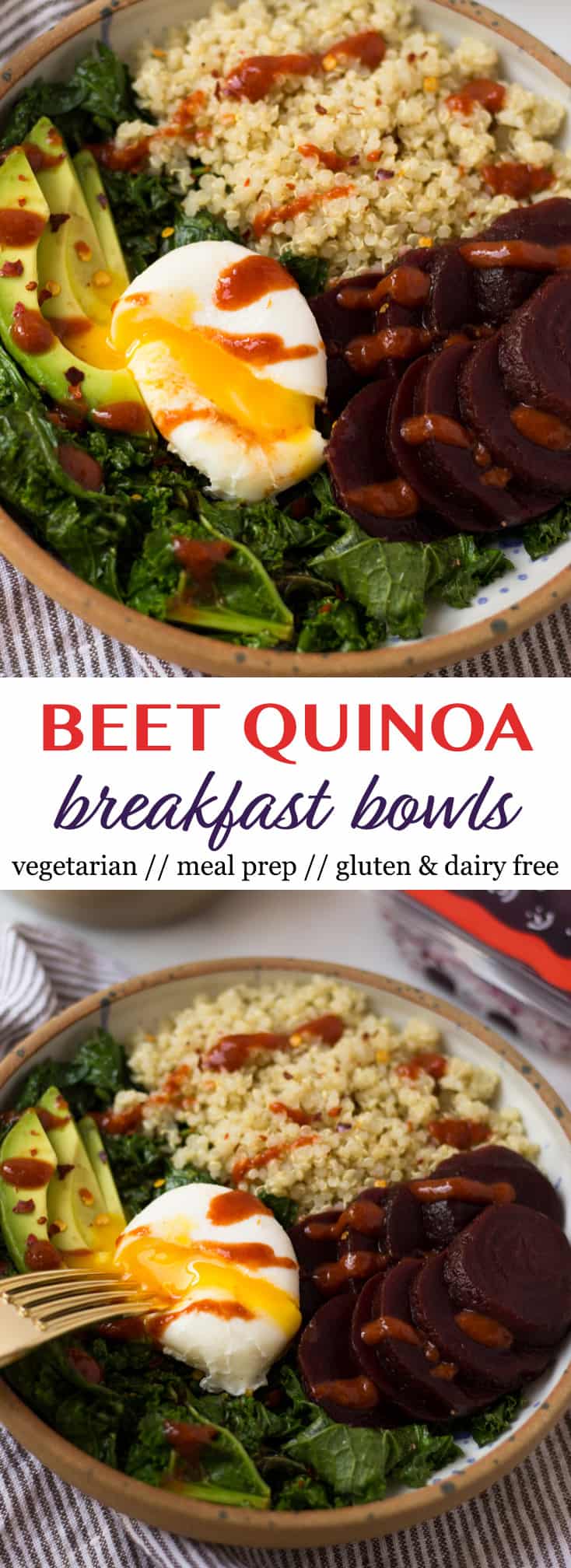 Beet Quinoa Breakfast Bowls come together in under 10 mins and make a healthy and easy gluten free and vegetarian breakfast - great for meal prep or on-the-go! - Eat the Gains