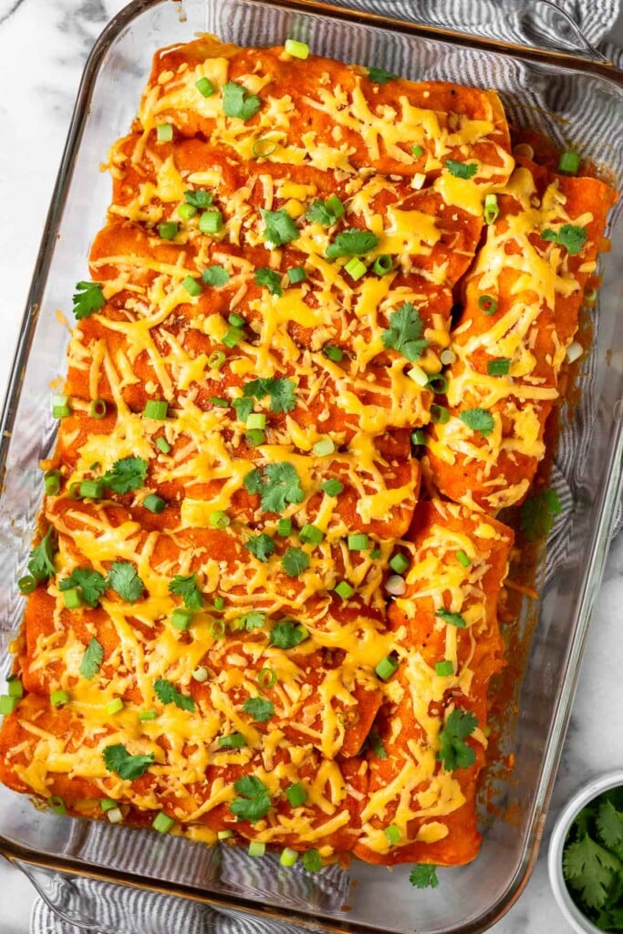 Overhead shot of a large casserole dish with buffalo chicken enchiladas topped with green onions and cilantro. Around it is a bowl of cilantro.