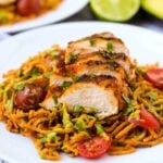 One pan & 30 minutes for this Chili Dusted Chicken & Sweet Potato Noodles with Avocado Sauce. Packed with protein, carbs, and healthy fats to make an easy gluten free, paleo, and Whole30 approved dish - Eat the Gains