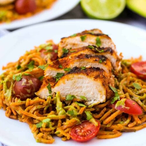 One pan & 30 minutes for this Chili Dusted Chicken & Sweet Potato Noodles with Avocado Sauce. Packed with protein, carbs, and healthy fats to make an easy gluten free, paleo, and Whole30 approved dish - Eat the Gains