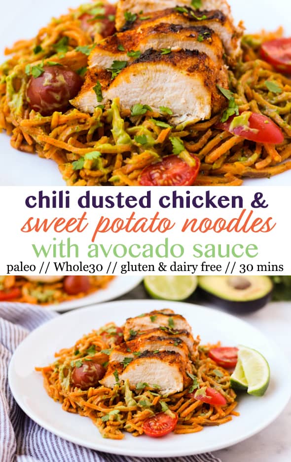 One pan & 30 minutes for this Chili Dusted Chicken & Sweet Potato Noodles with Avocado Sauce. Packed with protein, carbs, and healthy fats to make an easy gluten free, paleo, and Whole30 approved dish - Eat the Gains