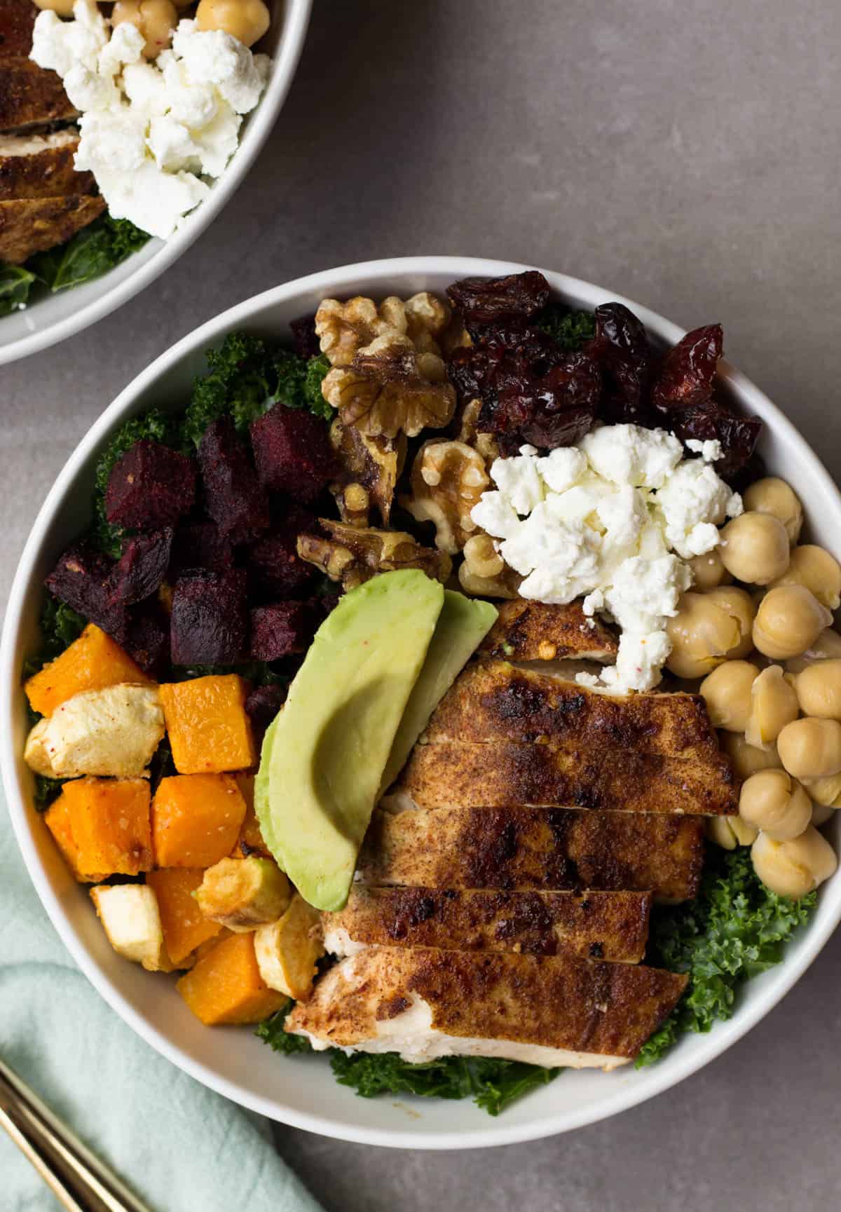 This Fall Veggie Chicken Power Bowl makes the perfect light, healthy, and gluten free winter meal - packed with protein, carbs, and healthy fats and so many vitamins & minerals! - Eat the Gains