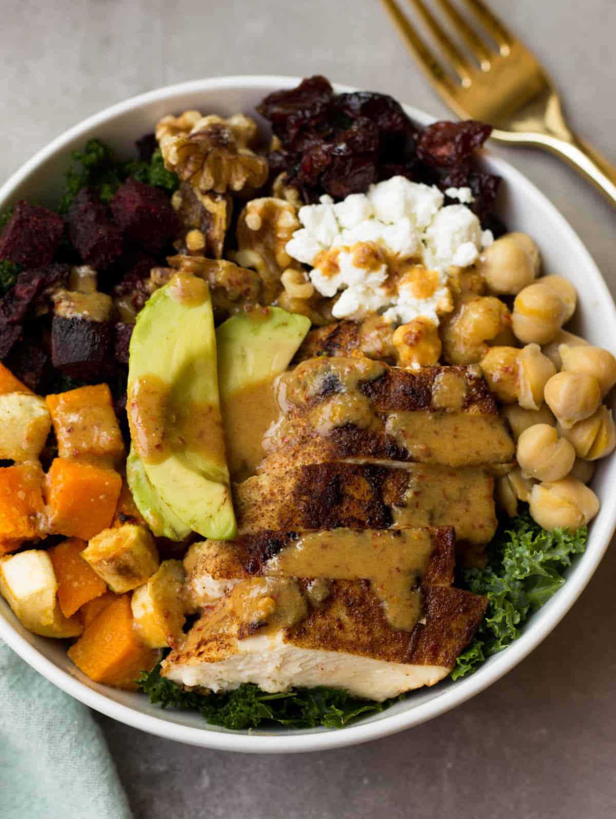 This Fall Veggie Chicken Power Bowl makes the perfect light, healthy, and gluten free winter meal - packed with protein, carbs, and healthy fats and so many vitamins & minerals! - Eat the Gains